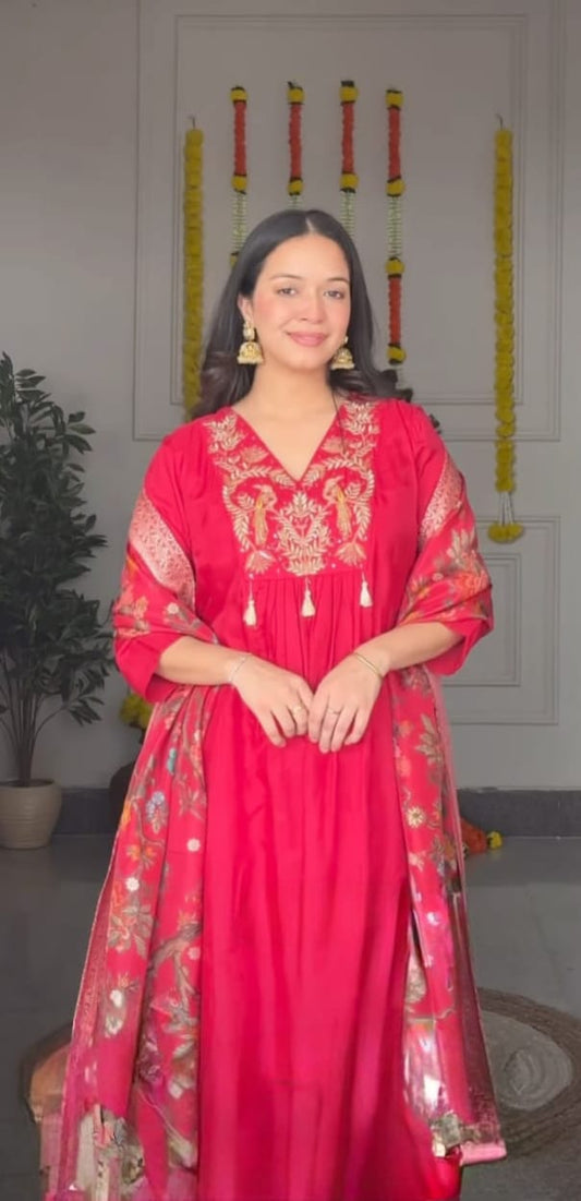 Beautiful Red Embroidered Scarlet Peacock Dola Silk Kurta Suit Set