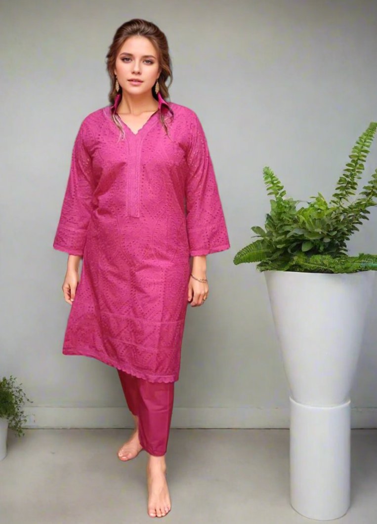 Elegant Cotton Schiffli Pink Kurta with Pants