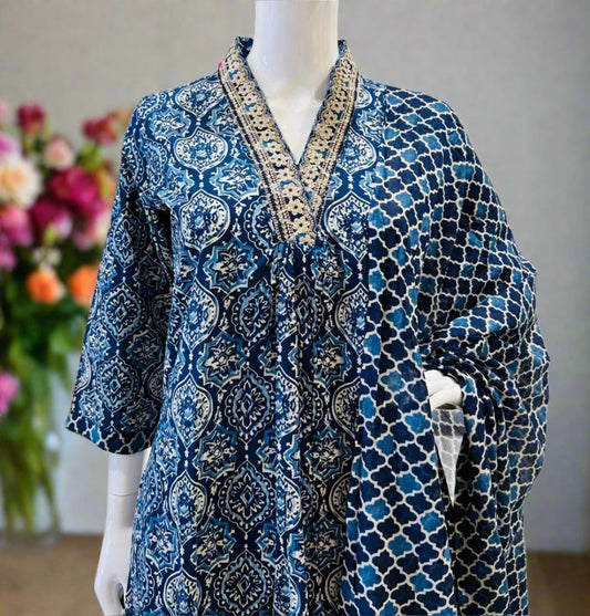 Elegant Hand Block Cotton Printed Cotton Suit in Indigo