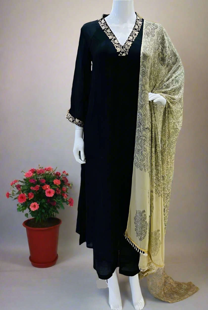 Premium Chinon Silk Suit in Black