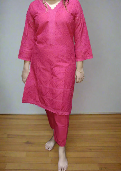 Elegant Cotton Schiffli Pink Kurta with Pants