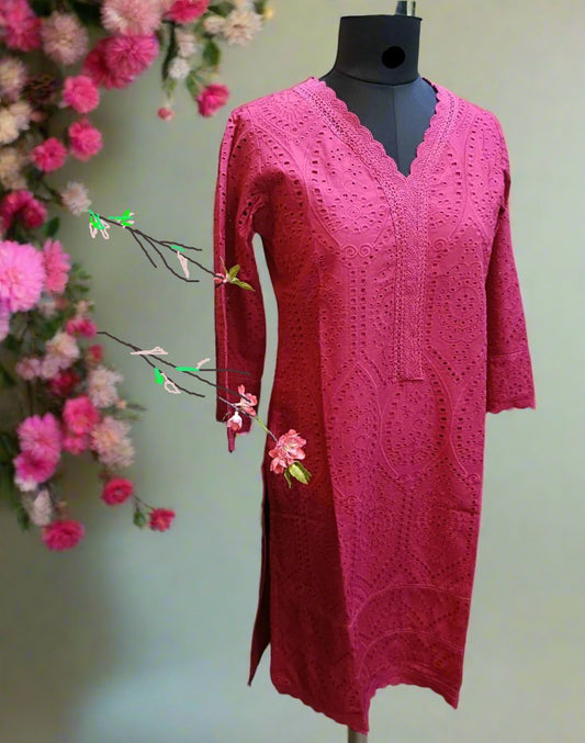 Elegant Cotton Schiffli Pink Kurta with Pants