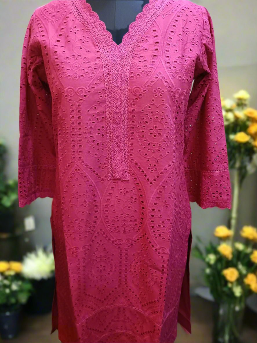 Elegant Cotton Schiffli Pink Kurta with Pants