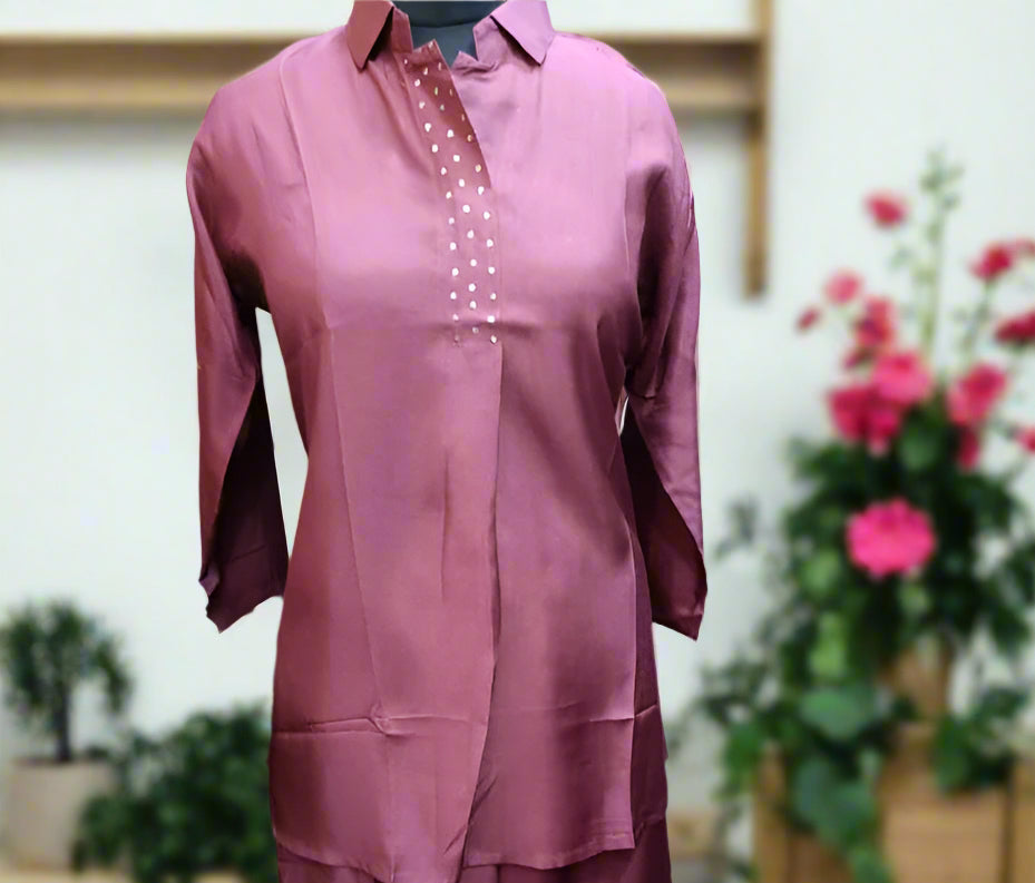Stylish Muslin Silk, A-Line Style Co-ord Set in Mauve