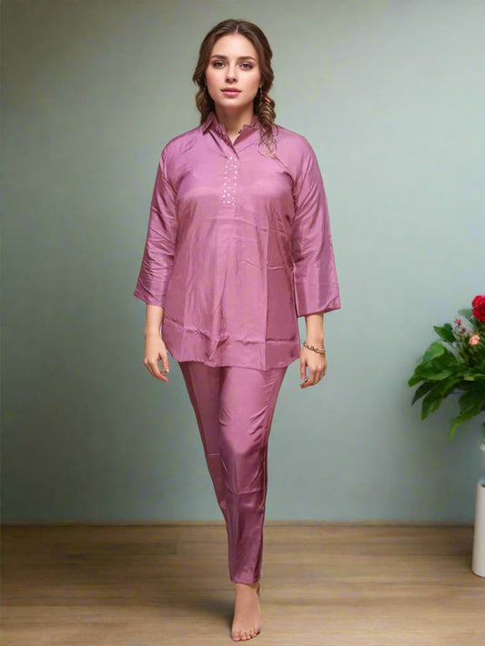 Stylish Muslin Silk, A-Line Style Co-ord Set in Mauve