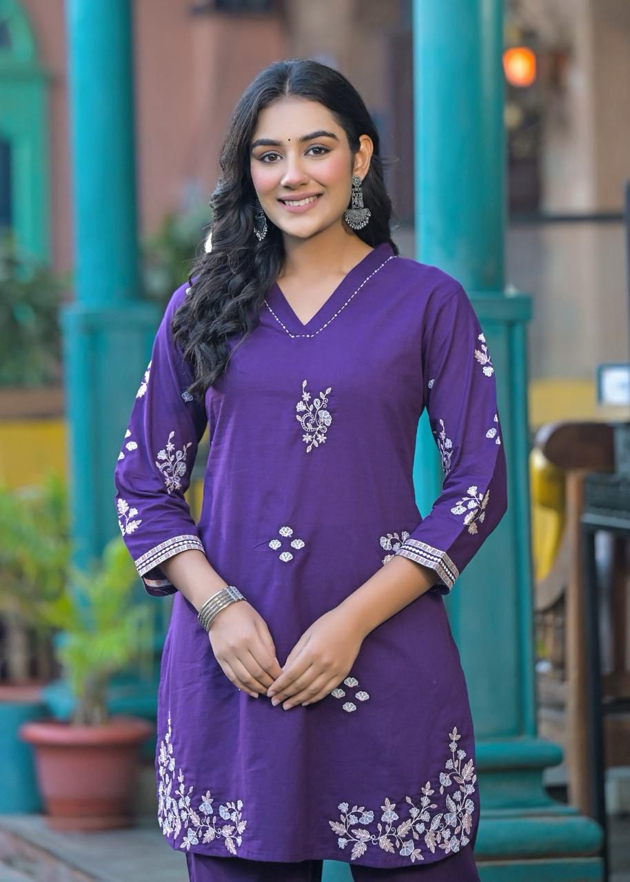 Purple Cotton Flex Two Piece Embroidery Set