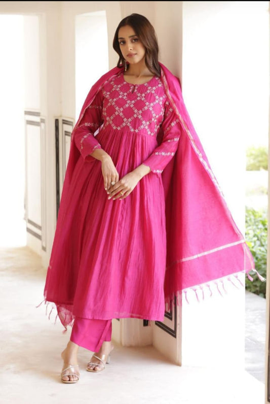 Beautiful Embroidered Mul Chanderi Suit in Royal Pink