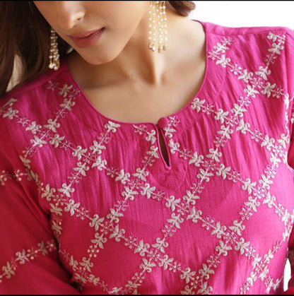 Beautiful Embroidered Mul Chanderi Suit in Royal Pink