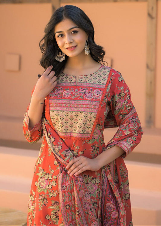 Stunning A-Line Designer Suit in Red with floral Jaal Print