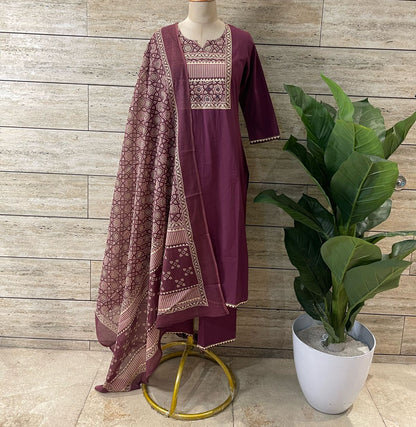 Premium Cotton Suit in Wine Solid Base