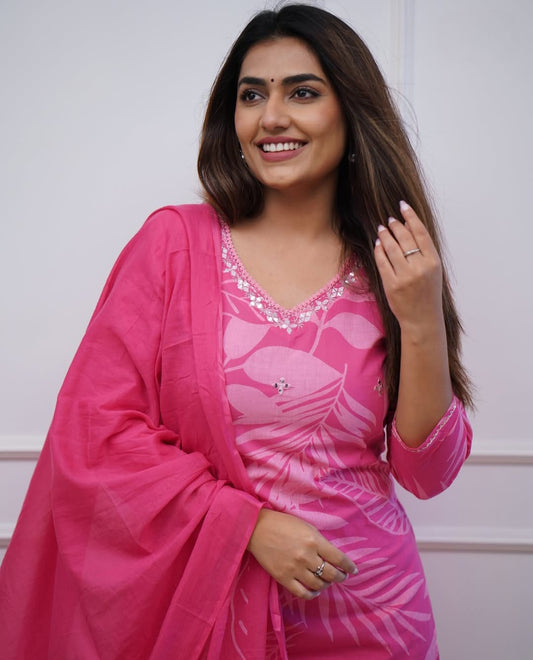 Elegant Pink Printed Suit In Luxurious Soft Cotton