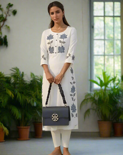 Elegant Floral Threadwork Design White Premium South Cotton Suit Set