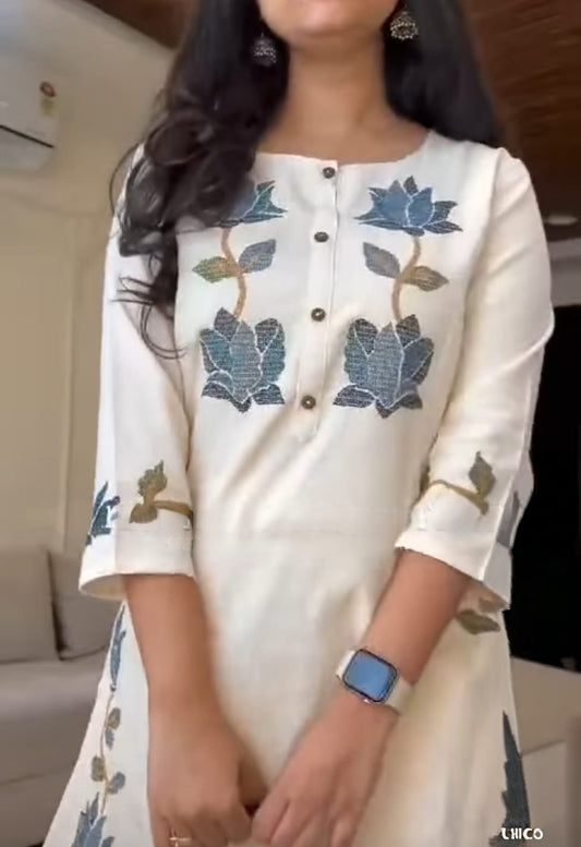 Elegant Floral Threadwork Design White Premium South Cotton Suit Set