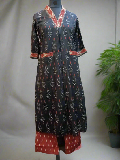 Elegant Ikat Print Kurti Set in Black