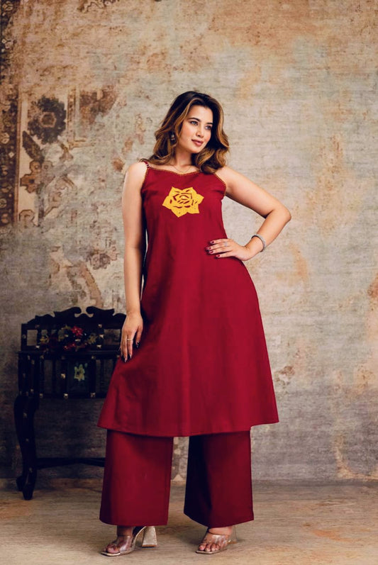 Elegant Dark Maroon A-line Cotton Spaghetti Kurti Set.