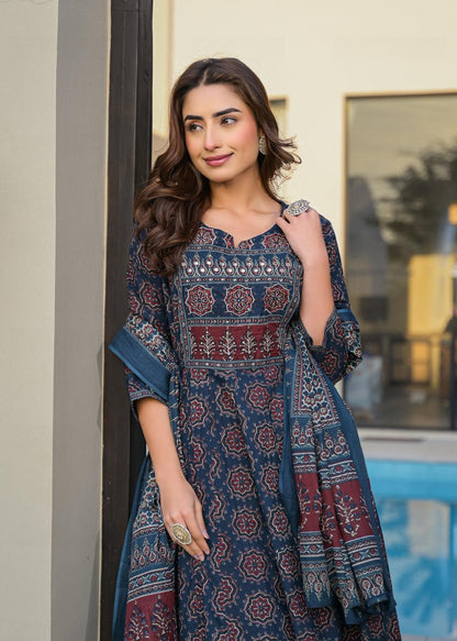 Premium Cotton Ajrakh Kurti Set With Hand Work Highlights.