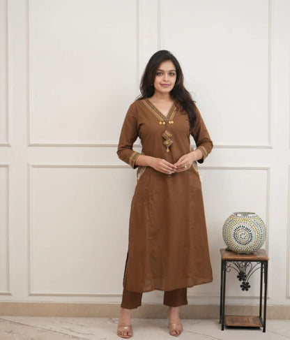 Elegant Gamthi Style Kurti Set in Brown with Pocket Detailing