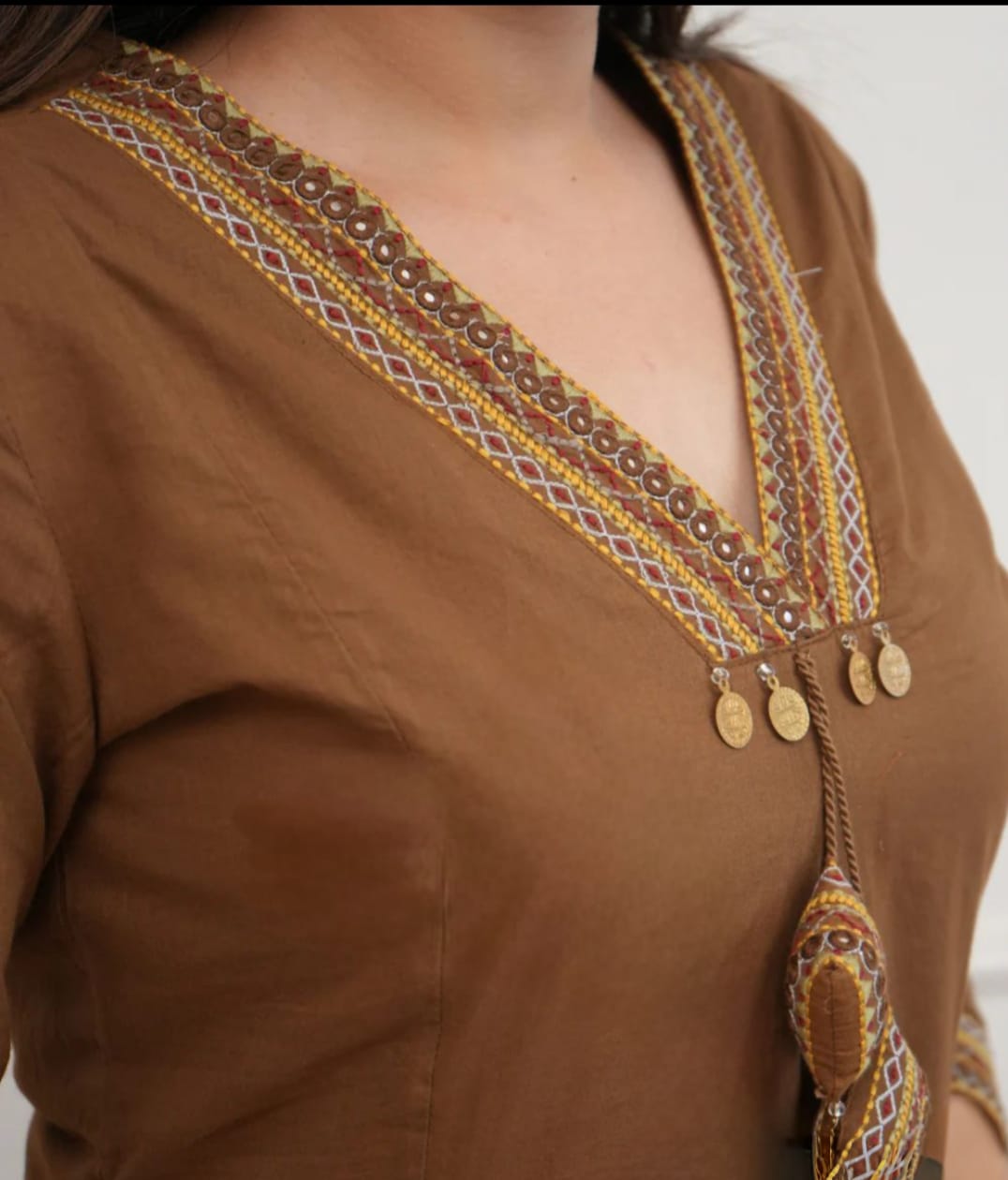 Elegant Gamthi Style Kurti Set in Brown with Pocket Detailing