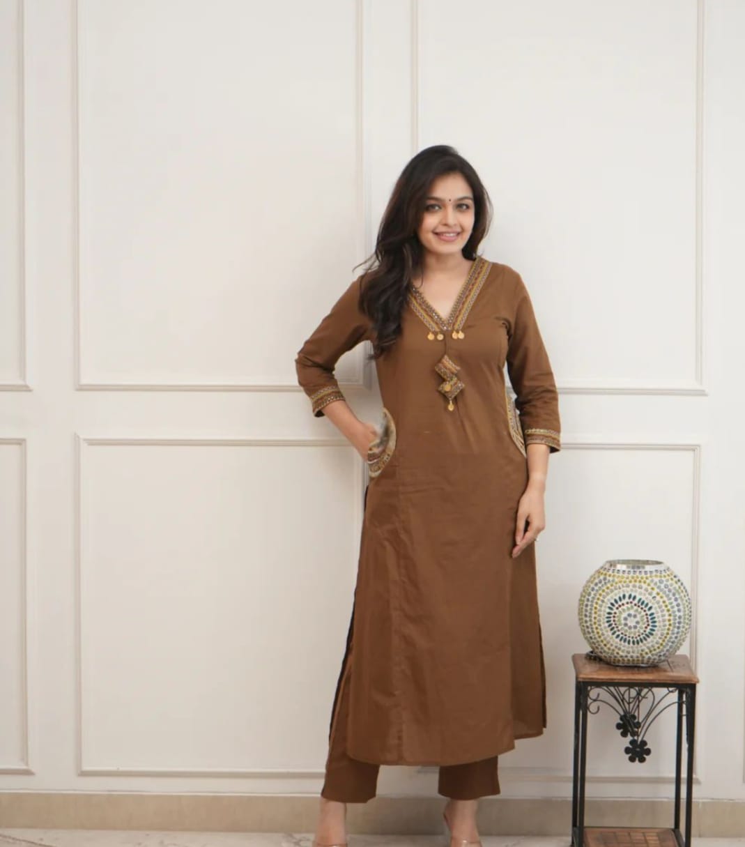 Elegant Gamthi Style Kurti Set in Brown with Pocket Detailing