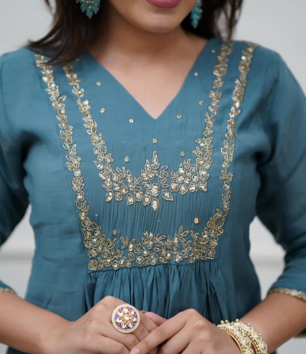 Beautiful Muslin Silk Anarkali Duppata Suit In Teal Colour.