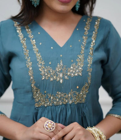 Beautiful Muslin Silk Anarkali Duppata Suit In Teal Colour.