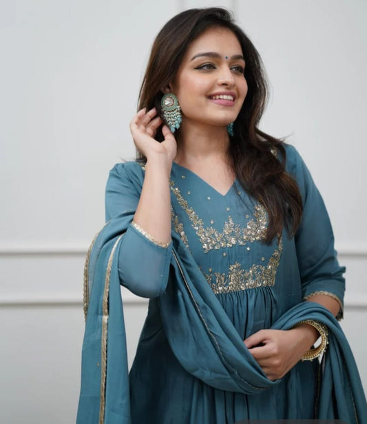 Beautiful Muslin Silk Anarkali Duppata Suit In Teal Colour.