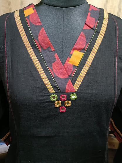 Elegant Black Kurti Set With Overlapped V Neck