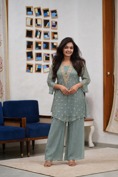 Stunning 3-Piece Sage Green Tissue Silk Co-Ord Set