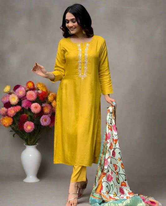 Yellow Sequins Work Russian Silk Suit along with Beautiful Gajji Silk Dupatta