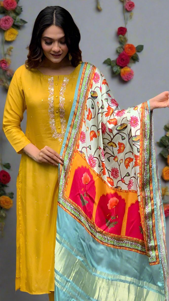 Yellow Sequins Work Russian Silk Suit along with Beautiful Gajji Silk Dupatta