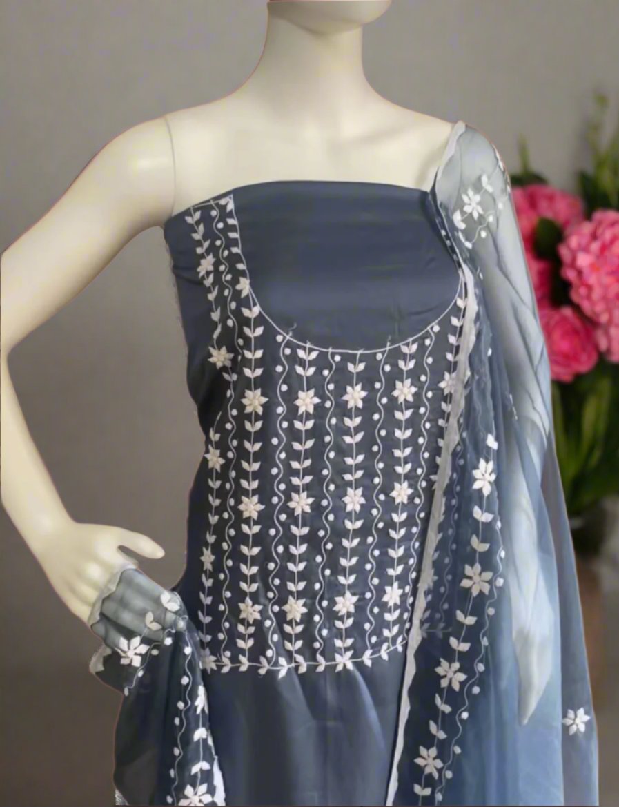Cotton Phool Patti Applique Work Ready to Stich Material with Dupatta
