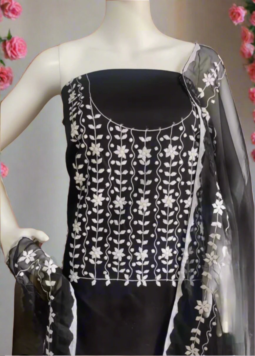Cotton Phool Patti Applique Work Ready to Stich Material with Dupatta