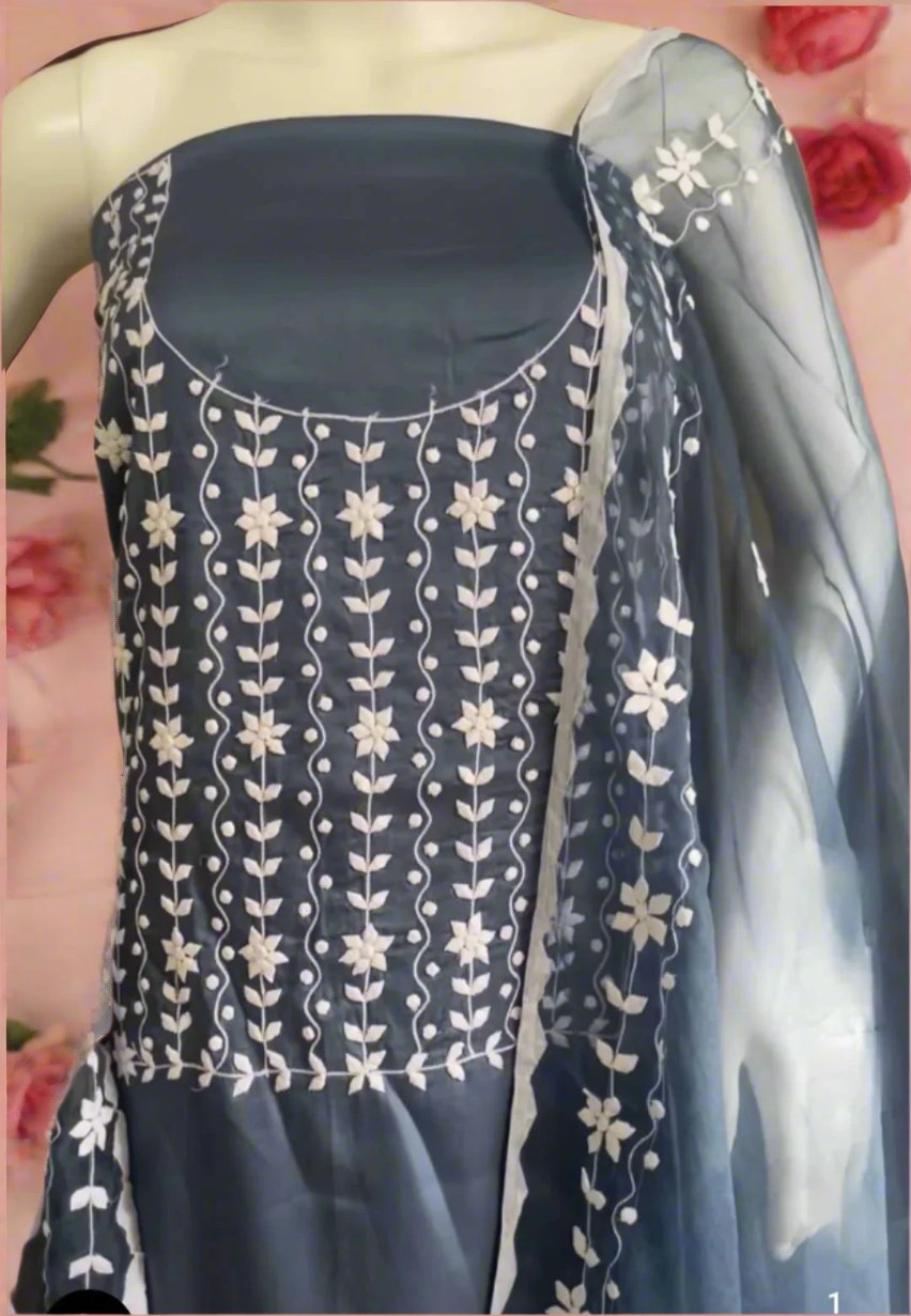 Cotton Phool Patti Applique Work Ready to Stich Material with Dupatta
