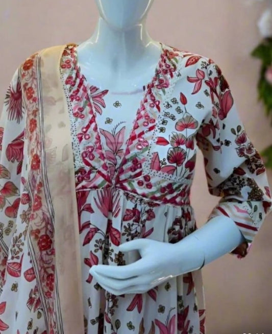 Red and White Printed Anarkali Set