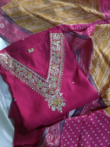 Beautifully Hand worked Premium Muslin Rani Pink Suit