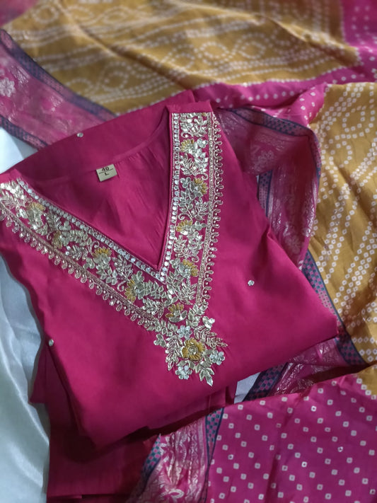Beautifully Hand worked Premium Muslin Rani Pink Suit