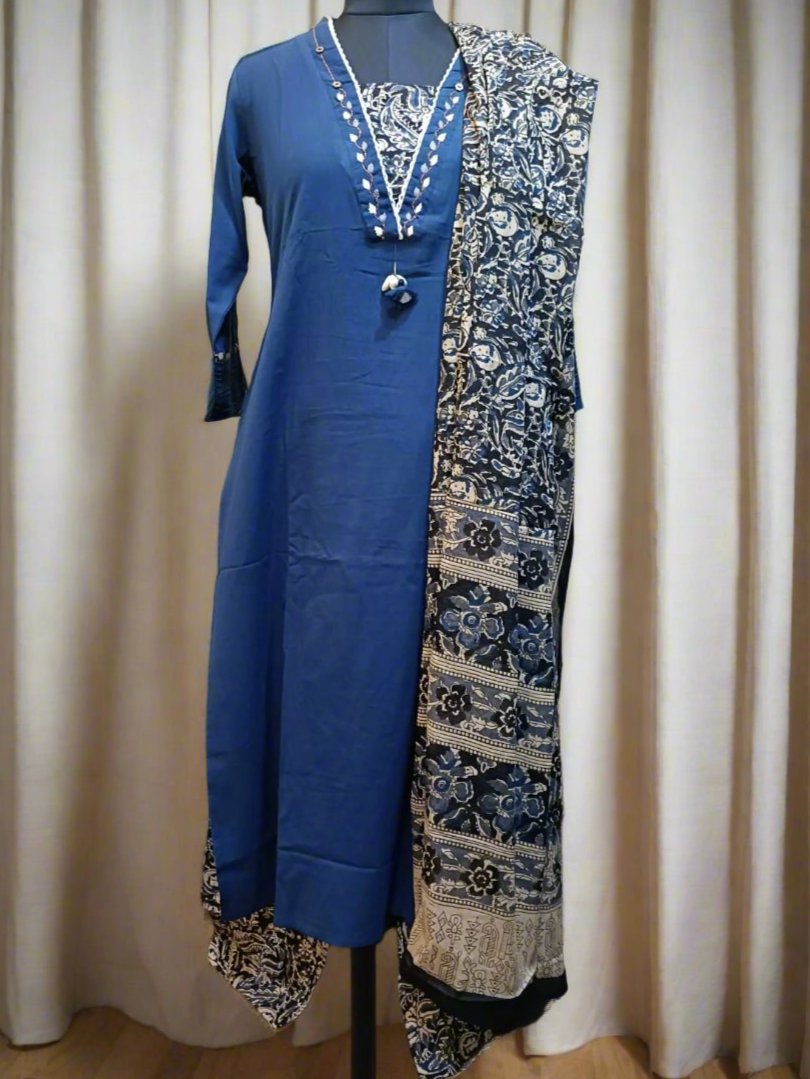 Bright and Beautiful Cotton Kalamkari Suit in Blue