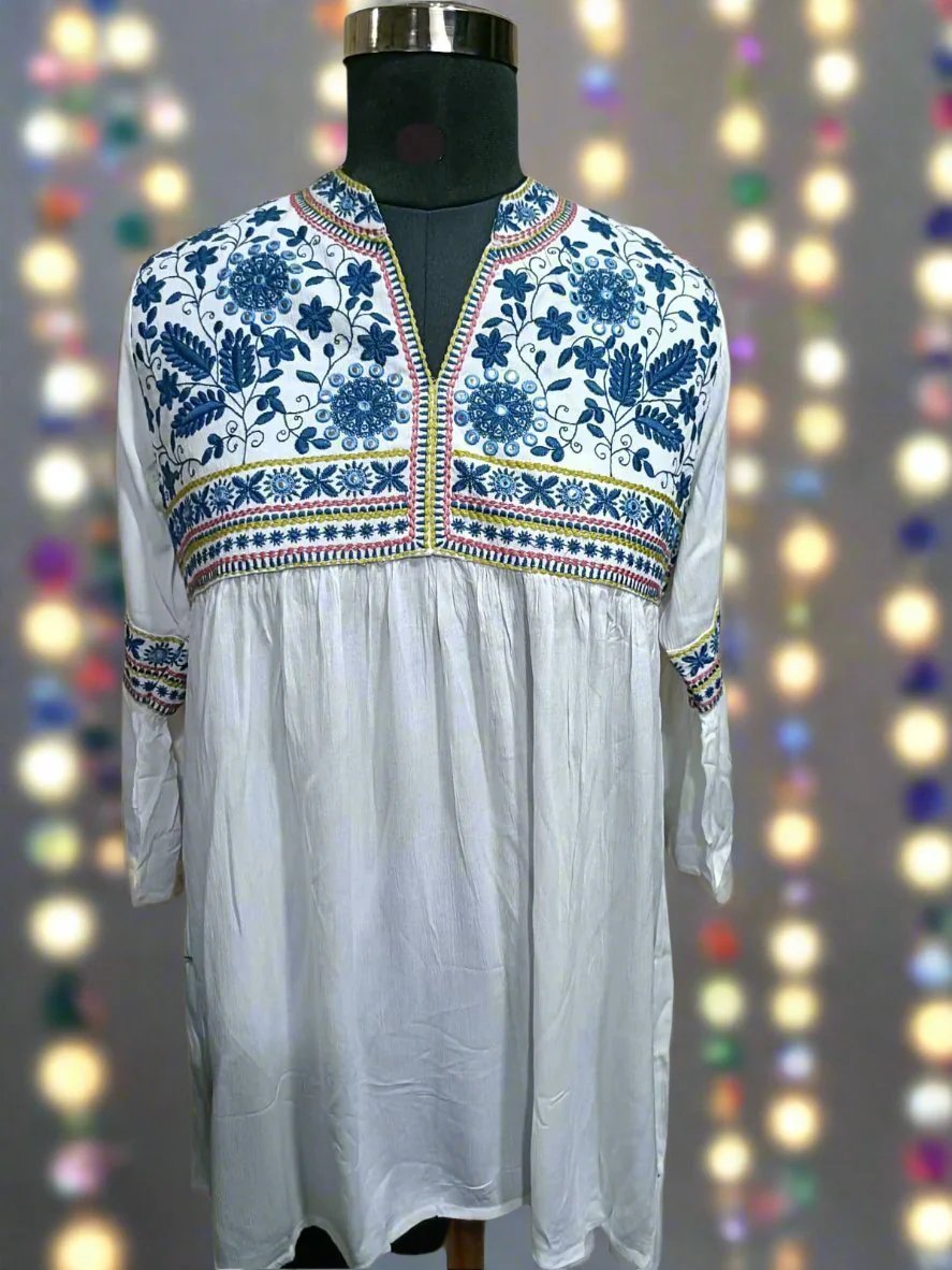 Elegant Cotton Embroidered Short Kurta in White