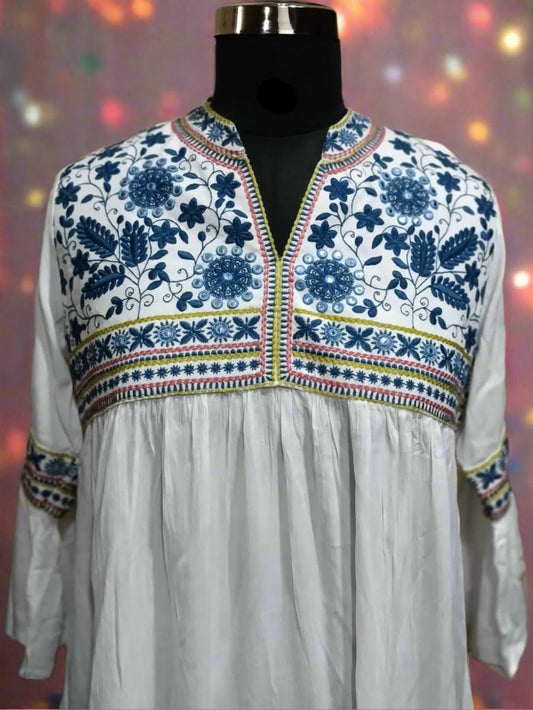 Elegant Cotton Embroidered Short Kurta in White
