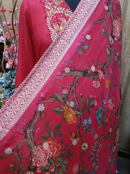 Beautiful Red Embroidered Scarlet Peacock Dola Silk Kurta Suit Set