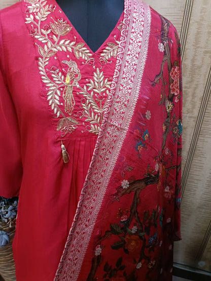 Beautiful Red Embroidered Scarlet Peacock Dola Silk Kurta Suit Set