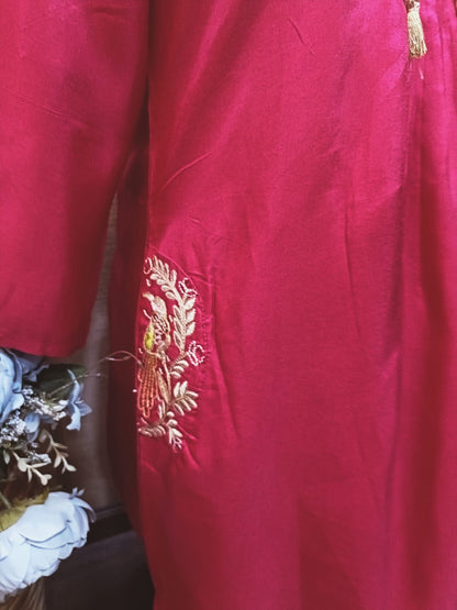 Beautiful Red Embroidered Scarlet Peacock Dola Silk Kurta Suit Set