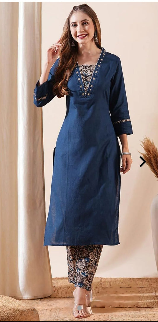 Bright and Beautiful Cotton Kalamkari Suit in Blue