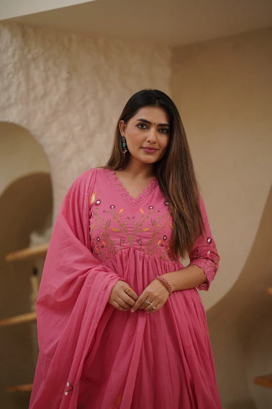 Mulmul Cotton Suit in Striking Pink( Salmon Coral)