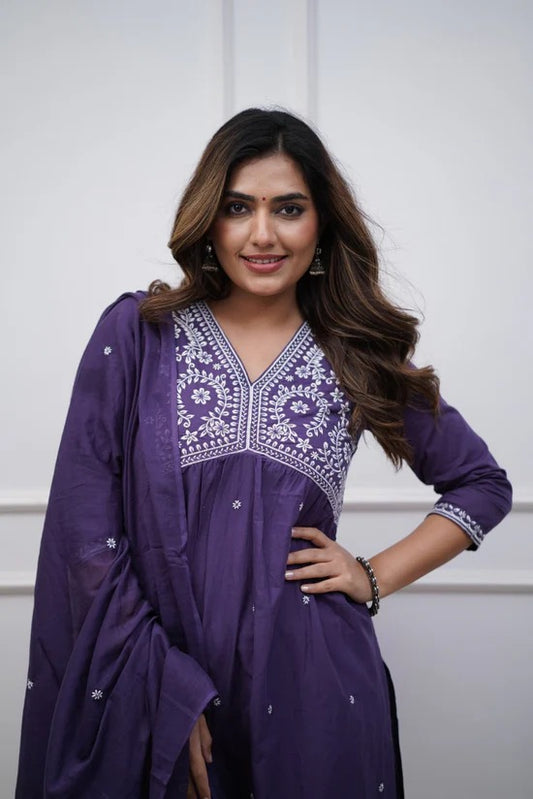 Exquisite Purple Cotton Embroidered Kurti Set