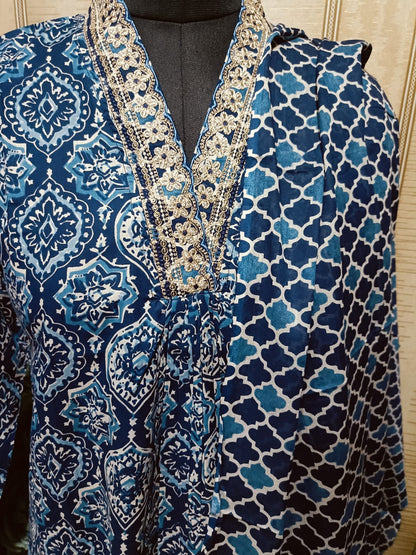 Elegant Hand Block Cotton Printed Cotton Suit in Indigo