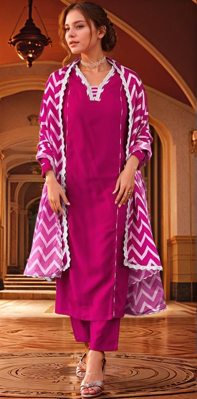 Stunning Pink Abstract Print Russian Silk Suit Set With Sequence Lace Work