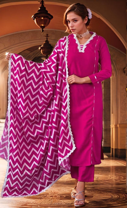 Stunning Pink Abstract Print Russian Silk Suit Set With Sequence Lace Work
