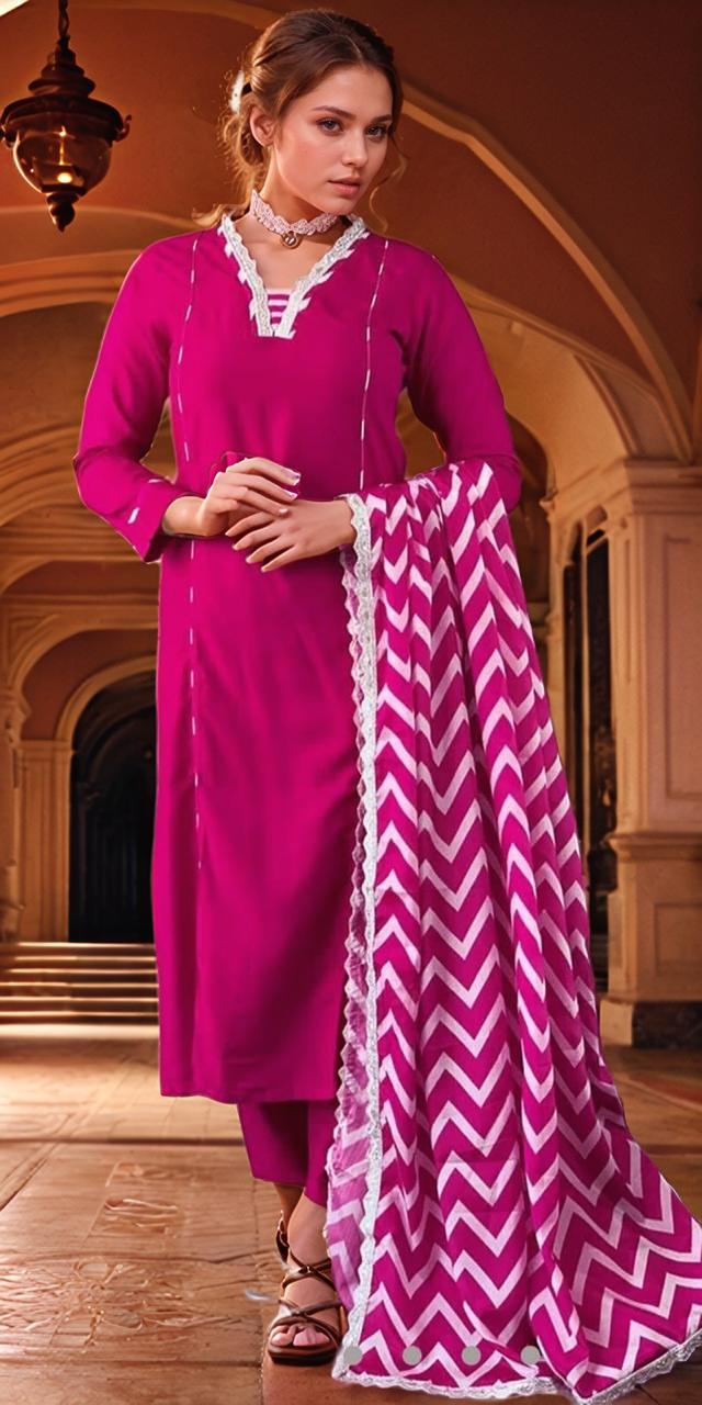 Stunning Pink Abstract Print Russian Silk Suit Set With Sequence Lace Work