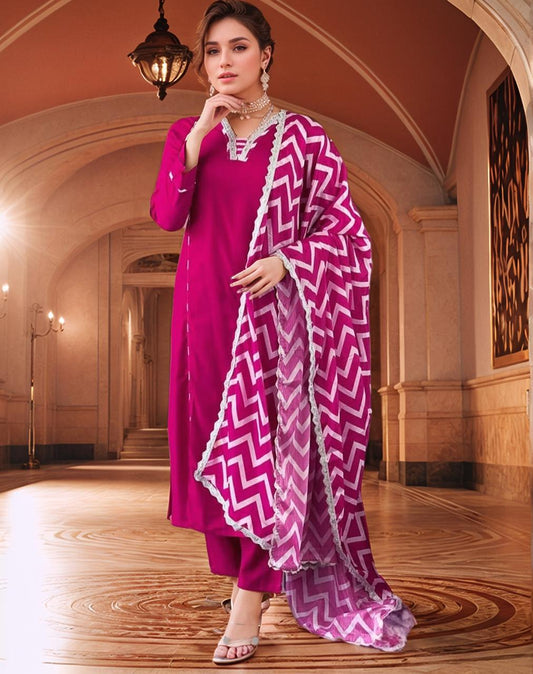 Stunning Pink Abstract Print Russian Silk Suit Set With Sequence Lace Work